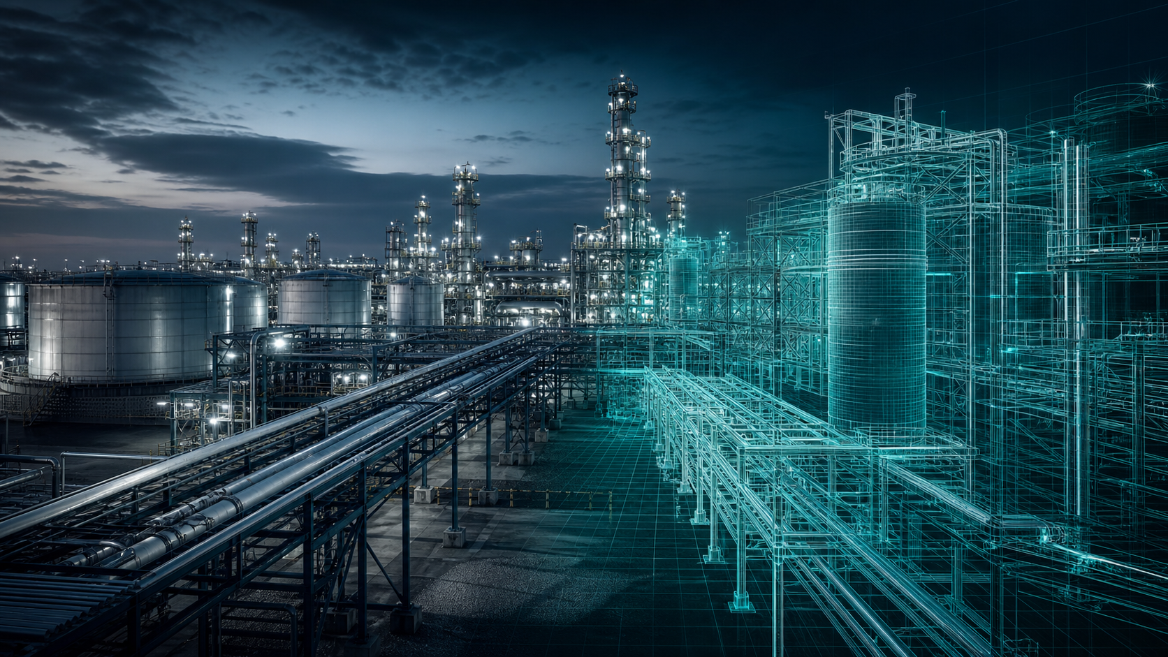 Visual conceptual de un activo industrial que evoluciona hacia un gemelo digital BIM coordinado