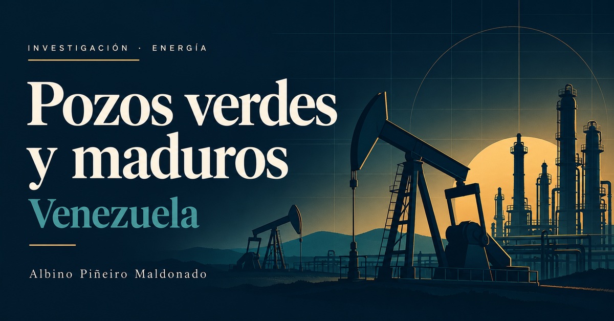 Portada ilustrada: pozos verdes y maduros en Venezuela, con balancines e instalaciones petroleras.