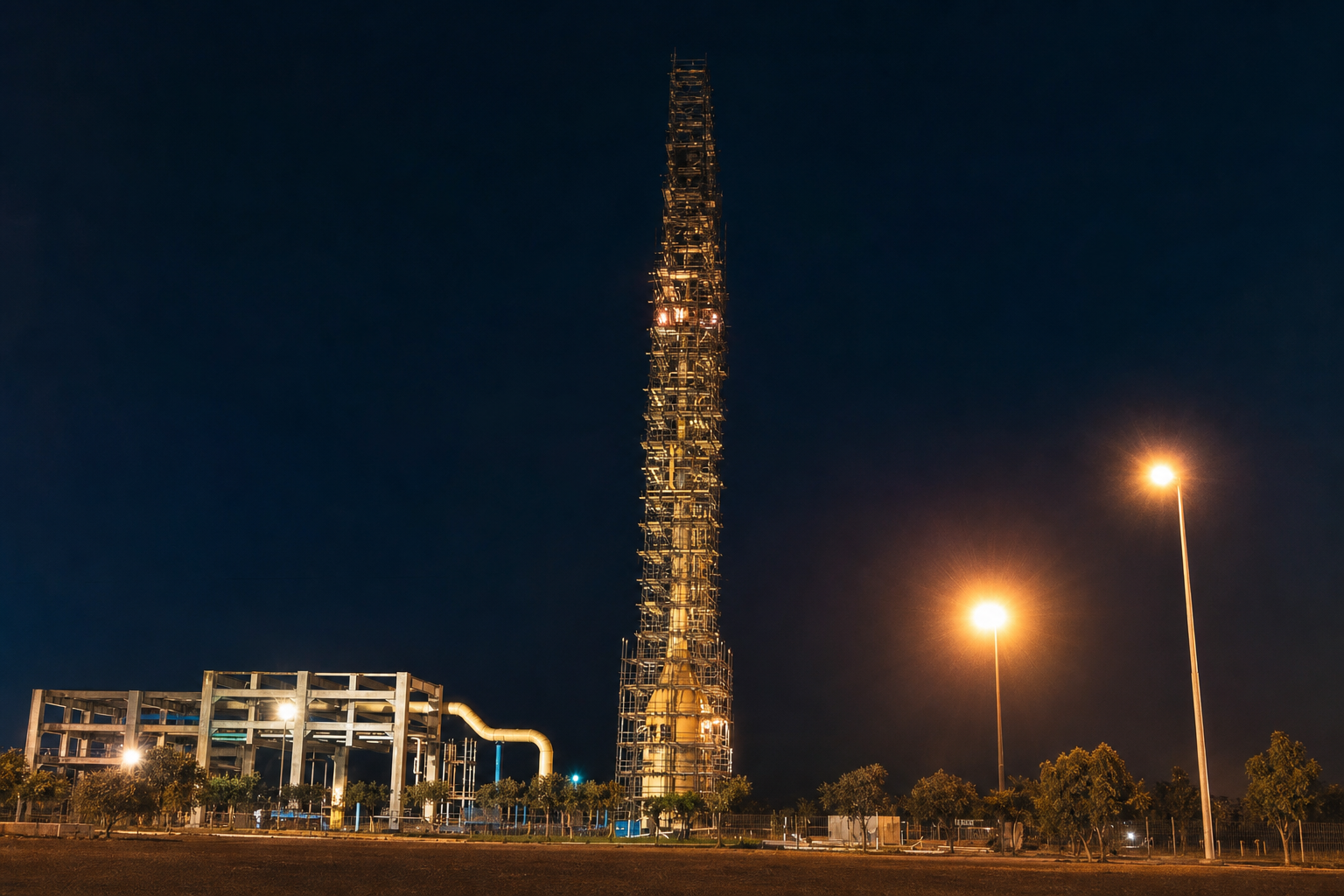 Restauración editorial de torre de proceso durante intervención nocturna