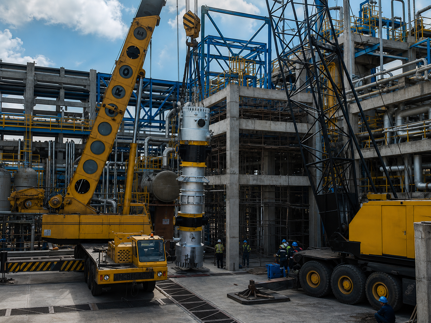 Operación industrial de izaje e instalación de equipo de proceso