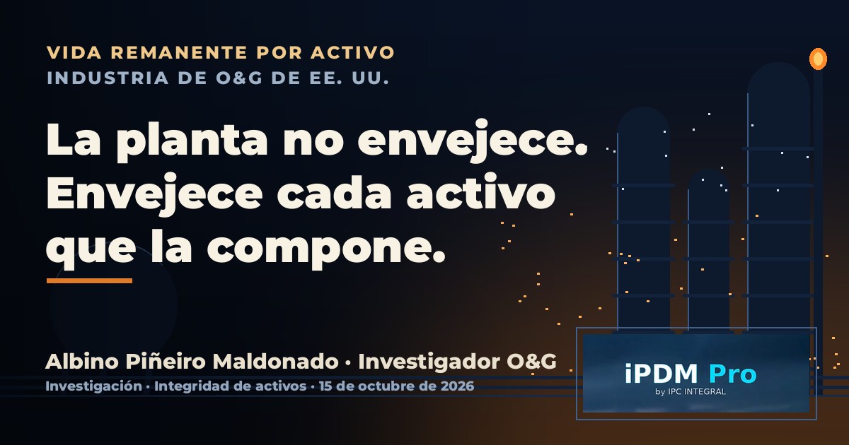Portada de la investigación: fondo industrial oscuro, el titular «La planta no envejece. Envejece cada activo que la compone» y la firma de Albino Piñeiro Maldonado, investigador de O&G